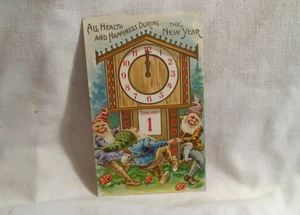 New Year's Antique Embossed Postcard Gnomes Dancing Around Clock January 1st  - Picture 1 of 2
