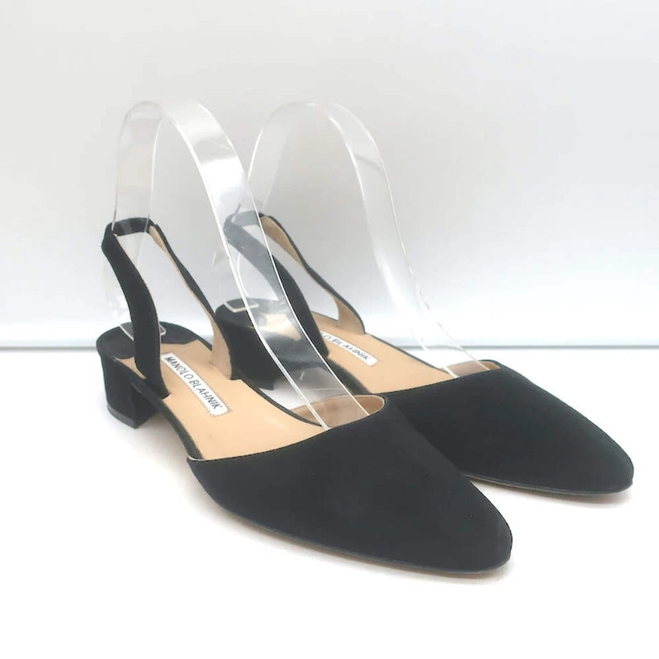 Manolo Blahnik Aspro 低跟露背高跟鞋黑色麂皮绒 35 码 — 第 1/4 张图片