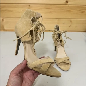 Plomo Suede Lace-Up Heels Sandals Size 37 (US 6.5-7) Open-Toe Ankle Stiletto - Picture 1 of 7