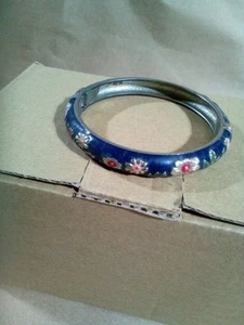 Vintage Enamel Chinese Cloisonne Hinged Bangle Bracelet Floral Leaf - Picture 1 of 2