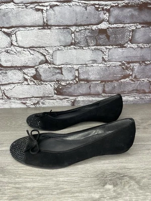 Stuart Weitzman Black Suede Rhinestones Pumps Bow Ballet Flats Women 7.5M US/38 - Image 1 of 4