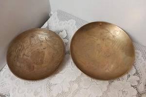 Antique Vtg-2 Solid Brass Bowls Hand Engraved 2 Dragons/Nature Scene Marked - Picture 1 of 8
