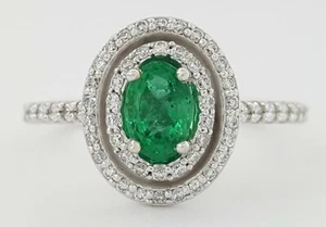 Oval Green Emerald & Diamond Double Halo 0.94 ct 14K White Gold Engagement Ring - Picture 1 of 10