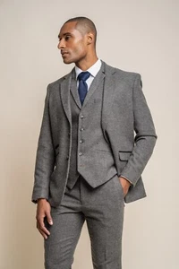 Cavani Men's Tweed Herringbone Slim Fit 3PC Suit Retro Wedding Set SALE RRP £230 - Picture 1 of 11