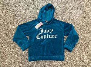 Juicy Couture Kinder Samt Hoodie Mädchen Medium 8-10 blau Spruch Logo Velours Etikett - Bild 1 von 12