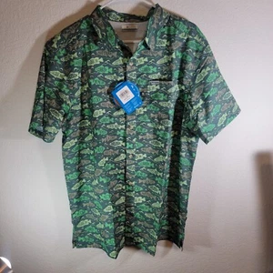 Columbia PFG Men's Size L Short Sleeve Button Up Shirt All Over Fish Print Green - Picture 1 of 15