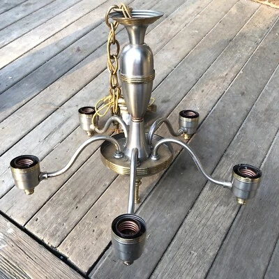Art Deco 5-light Chandelier Lamp Nickel Brass Streamlined Steampunk NOS 1940s - Image 1 of 4