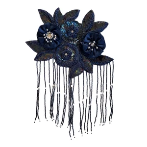 Gorgeous Navy Blue Satin Beaded Floral APPLIQUE Beads, Crystals, Sequins, Pearls - Picture 1 of 2