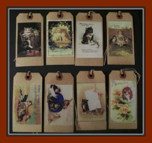 CAT AND KITTEN ANTIQUE STYLE BIRTHDAY HANG TAGS - PRIMITIVE - SET # 2 - Picture 1 of 3