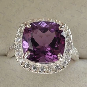 6ct Cushion Cut Natural Amethyst & Diamond Engagement Ring 18K White Gold Plated - Picture 1 of 15