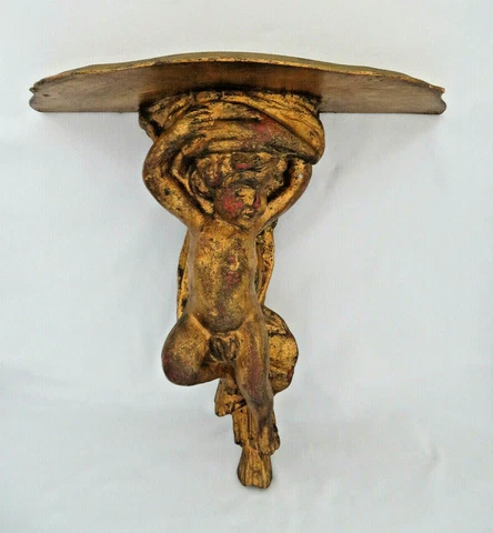 Vintage Italian Florentine Carved & Gilded Wood Cherub Wall Sconce Shelf Cover