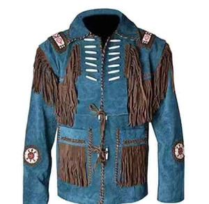 Western Men Suede Leather 100%Genuine Jacket Handmade studded Fringes - Picture 1 of 3