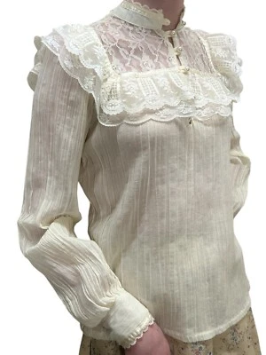 Camisa Blusa De Colección Años 70 Talla 7 XS~S Gunne Sax Crema Jessica's Gunnies arrugada Voile Foto 1 de 4
