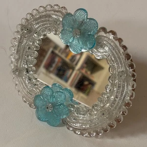 Murano Glass Vanity Mirror Italy Clear & Blue Floral Beveled Oval w/ Wood Back - Picture 1 of 10