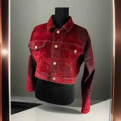 Madden Girl Red Distressed Faux Suede Denim Crop Jacket Size Large - Image 1 of 4