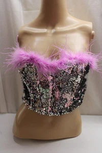 Bershka Sissy Princess Silver Sequin Zip Bandeau Top with Barbie Pink Faux Fur S - Picture 1 of 4