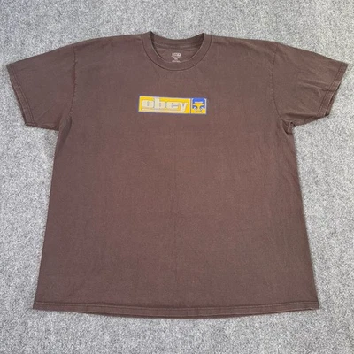 Obey Graphic Print Crew Neck T-Shirt Mens Size 2XL Short Sleeve Pullover Brown - Image 1 of 4
