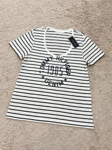 NWT Tommy Hilfiger Womens T-shirt SS Scoop Neck Navy/White Stripped Size L - Picture 1 of 8