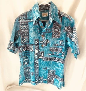 Vintage McInerny Shirt Hawaiian Barkcloth Mens Medium Wood Buttons Front Placket - Picture 1 of 10