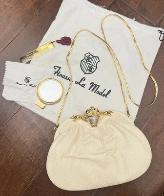 Bolso de Mano Clutch De Colección Años 90 Finesse La Modelo Piel de Serpiente + Cierre con Joyas y Accesorios Foto 1 de 4