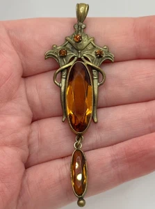 Antique Art Nouveau Orange Glass Gilt Metal Dangle Pendant - Picture 1 of 17