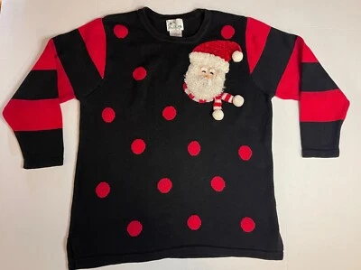 Vintage Quacker Factory Black Red Polka Dot Santa Ugly Christmas Sweater 1X - Image 1 of 4