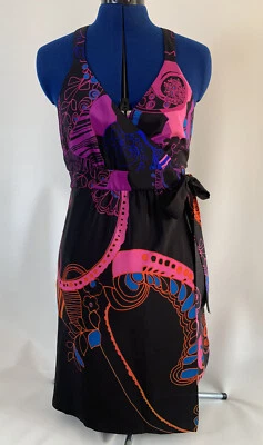 Vestido Corto Tibi Seda Espalda Corredora Sin Mangas Envolvente Negro Rosa-Talla 6 100% Seda Usado en Excelente Condición Foto 1 de 4
