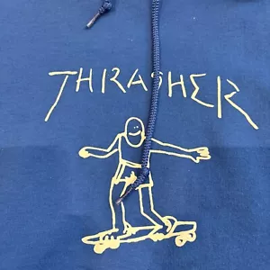 Thrasher Gonz Logo Blue Fleece Hoodie Sweatshirt, Size Medium, Y2K - Picture 1 of 7