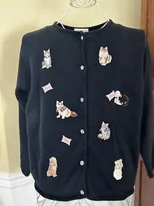 Maglione Cardigan Vintage Crazy Cat Lady Applique anni '90 Bottoni Gioiello Medio TIA - Foto 1 di 3