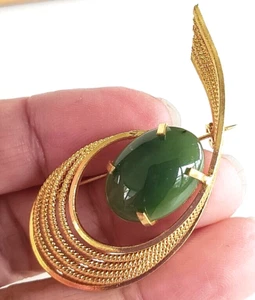 Vintage Nephrit Jade Atomic goldfarbene Anstecknadel 2-1/8" - Bild 1 von 3