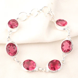 Pink Tourmaline Gemstone 925 Sterling Silver Handmade Jewelry Bracelet 8" - Picture 1 of 6