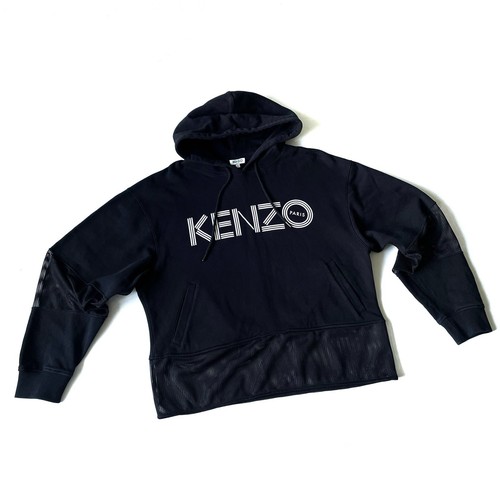 Kenzo Felpa Donna Nera con Cappuccio Grande Logo Made In Portugal Taglia L