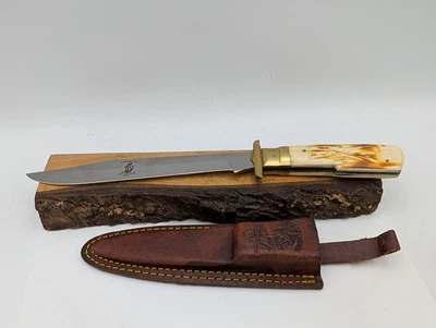 Костяной коллекционный уникальный складной нож с кожаными ножнами 8 дюймов лезвие | 12,5 дюйма в целом - Изображение 1 из 4