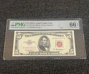 1953A $5 Legal Tender Note Red Seal - Certified PMG Gem Uncirculated 66EPQ - C2C - Picture 1 of 2