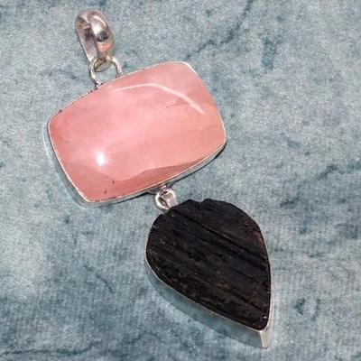 Colgante Largo Cuarzo Rosa Turmalina Negra Chapado en Plata 925 3" JW Foto 1 de 3