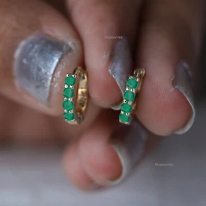 2mm Natural Emerald 11mm Hoops Earrings 14k Yellow Gold, Four Emerald Huggies - Picture 1 of 5