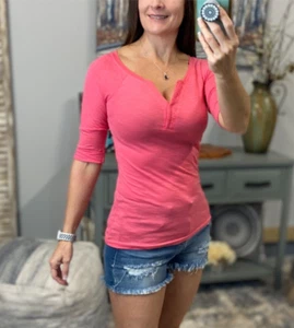 V Neck Top Womens Pink Coral Large Crochet Plunge Cleavage Melange Tab Sleeve - Picture 1 of 9