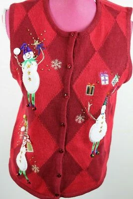 Chaleco de Navidad Rojo Tradición Talla M Muñecos de Nieve Copos de Nieve Regalos Adornado Foto 1 de 4