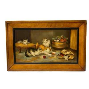 R. Simonetto Signed SIlk Screen Print of Kittens Cats on Erabie Wood w COA Art - Picture 1 of 5