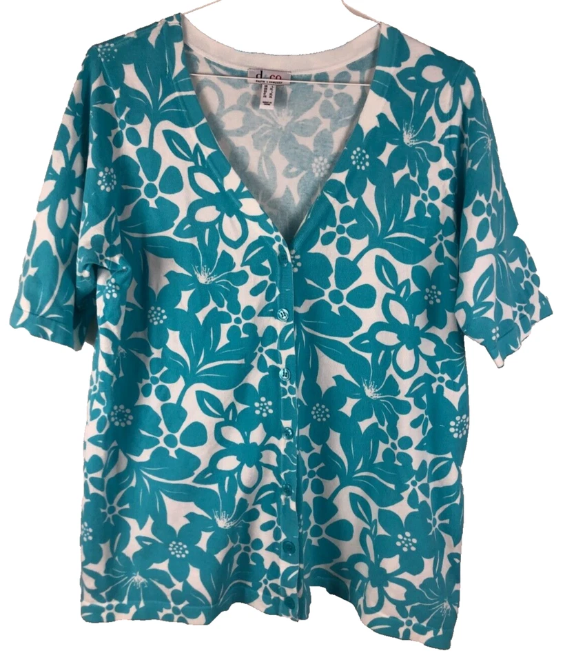 Denim & Co. Women's Size L Cardigan Blue & White Sweater Floral Short Sleeve - Image 1 of 4