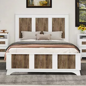 Farmhouse Wooden Platform Full Size Bed, Modern Platform Bed with Wooden Strip D - Picture 1 of 11
