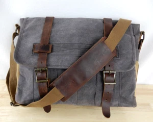 Canvas Leather Messenger Bag blue grey brown 15" long 12" tall brass hardware - Picture 1 of 24