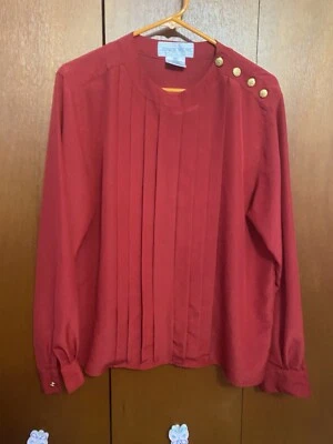 Jones Wear Women's Blouse 12 Red Pleated Shoulder Buttons Long Sleeve - Image 1 of 4