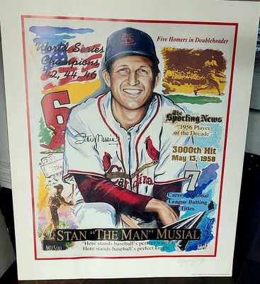 Stan The Man Musial Signed Print 1995 by Michael Hunt and Stan Musial 24x30 - Image 1 of 4