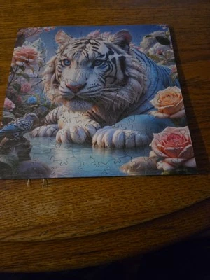Wooden Puzzle Completed White Tiger With Pink Roses Around - Image 1 of 2