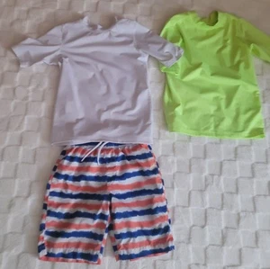 Boys Swiming Trunks & 2 Rashguard Shirts Sz 7/8 - Picture 1 of 4
