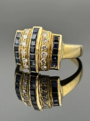 UNIQUE 18k Yellow Gold BRIGHT Diamond Sapphire Band Ring Channel Set Square s7.5 - Image 1 of 4