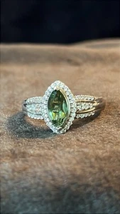 Authentic Bohemian Moldavite & White Zircon Ring Platinum /Sterling Silver sz9 - Picture 1 of 8