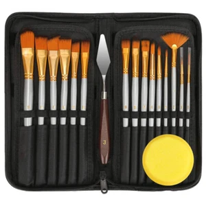 15 PCS Paint Brush Set Oil Watercolor Gouache Pens with Palette Knife and Sponge - Picture 1 of 13