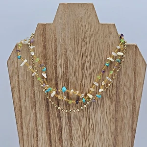 Triple Strand Beaded Choker Necklace w Gold Beads & Seed Beads w Polished Stones - Picture 1 of 6